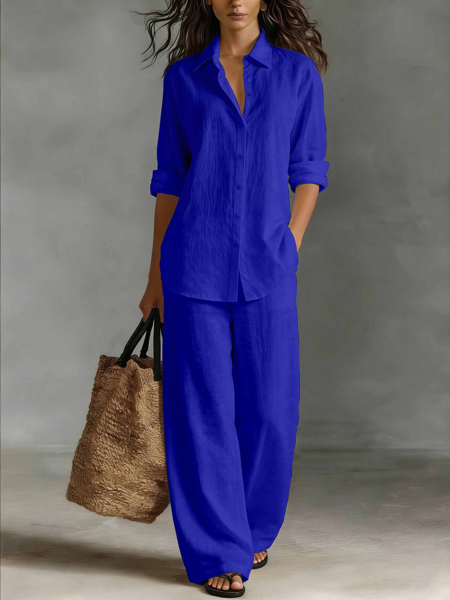 Women's Bohemian Cotton-Linen Co-ord in Sapphire Blue – side view