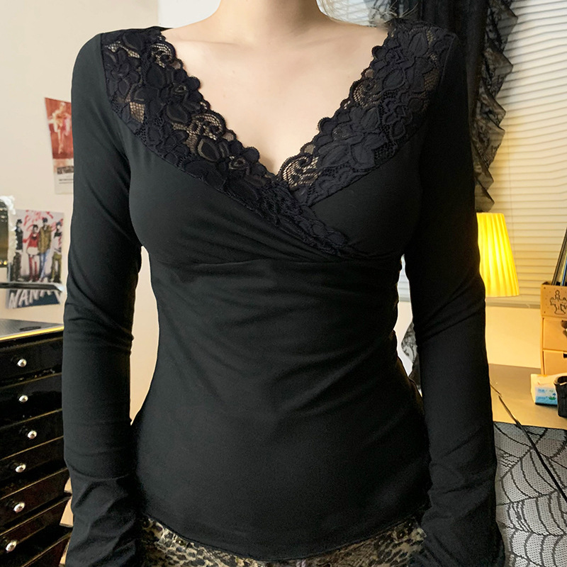 Lace Stitching Cross V-neck Long Sleeve
