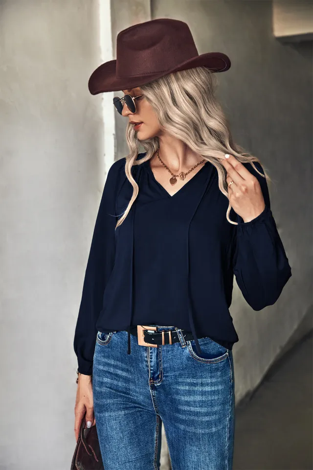 Autumn And Winter New Pure Color Hot Temperament V neck Long Sleeve Top Dark Blue - Shop at LoveMi