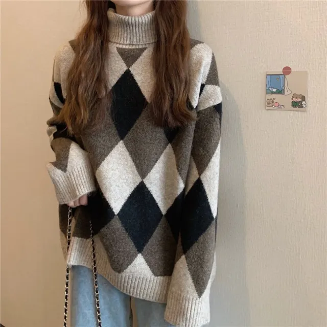 Korean Style Retro Lazy Style Diamond Plaid Colorblock Thick Warm Loose Turtleneck Sweater Khaki - Shop at LoveMi