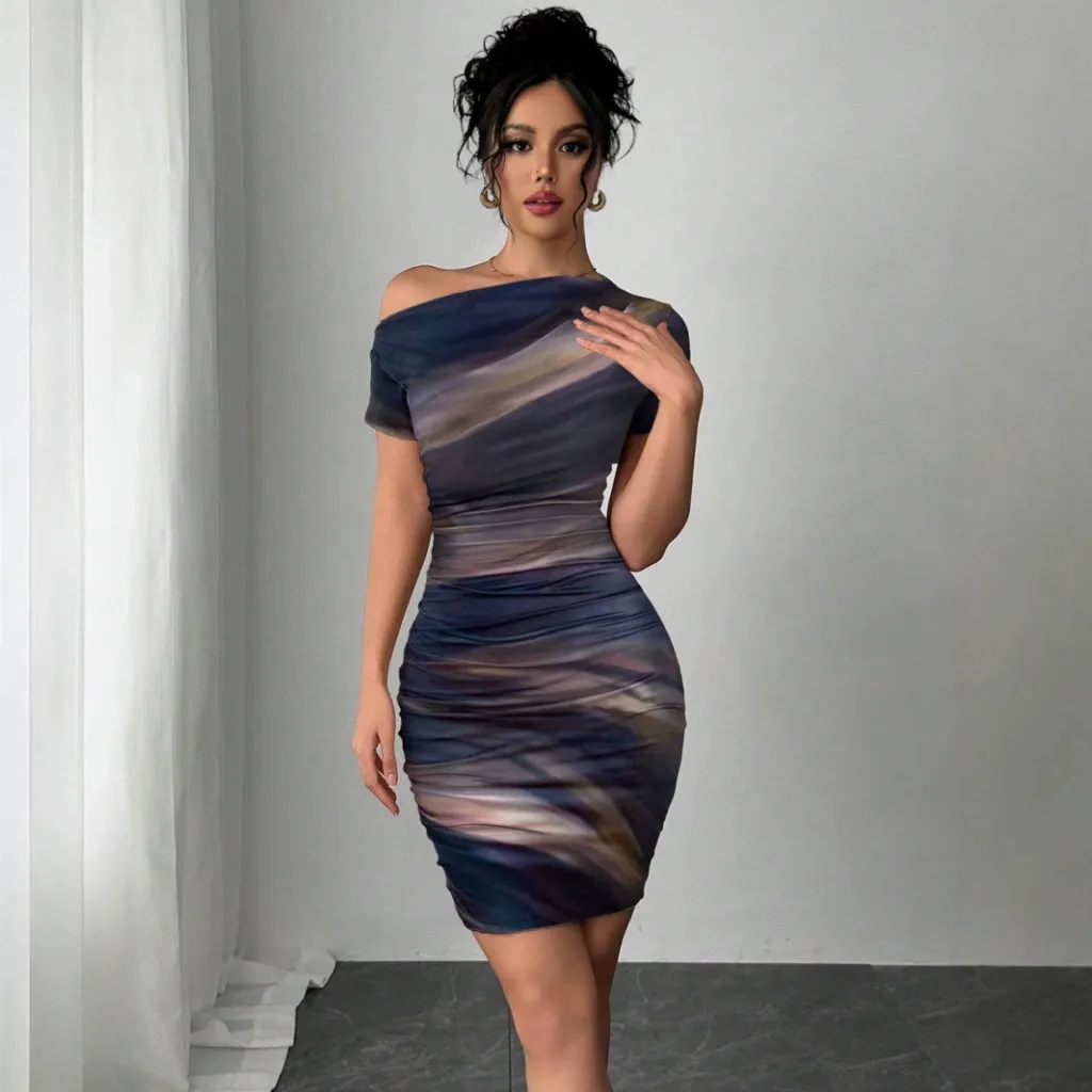 Elegant Tie-dyed Short-sleeved Women's Dress Slim-fit Slimming Sheath - Purple
