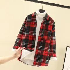 Japanese Woolen Cardigan Coat Fleece Plaid Shirt Women - Red - View 1