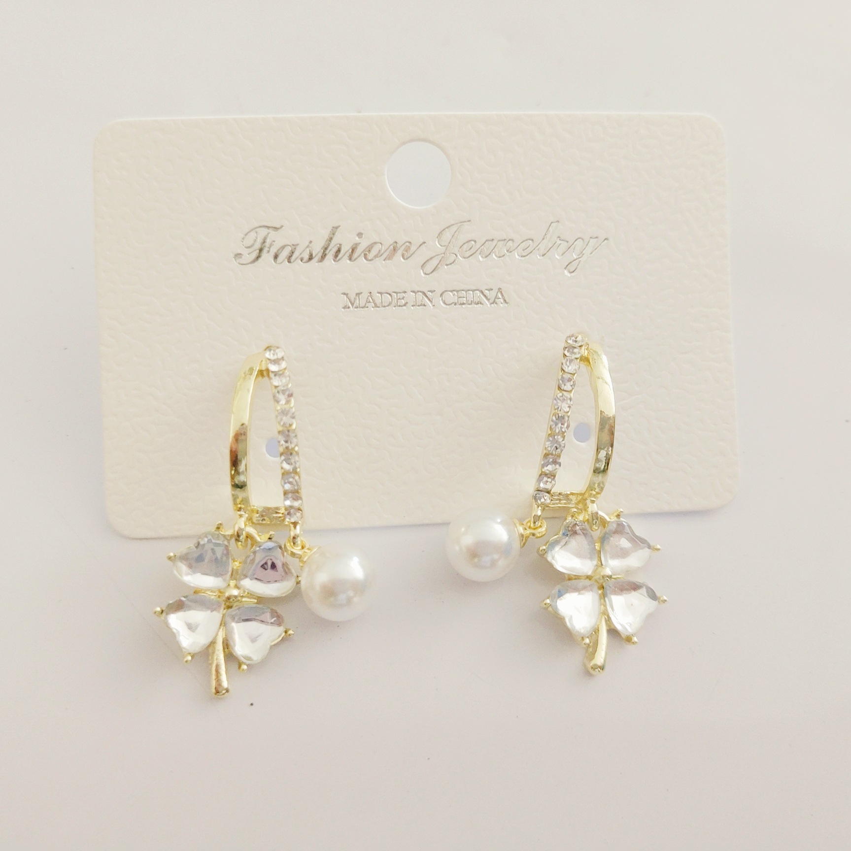 Purple Crystal Four-leaf Flower Pearl Earrings For Women