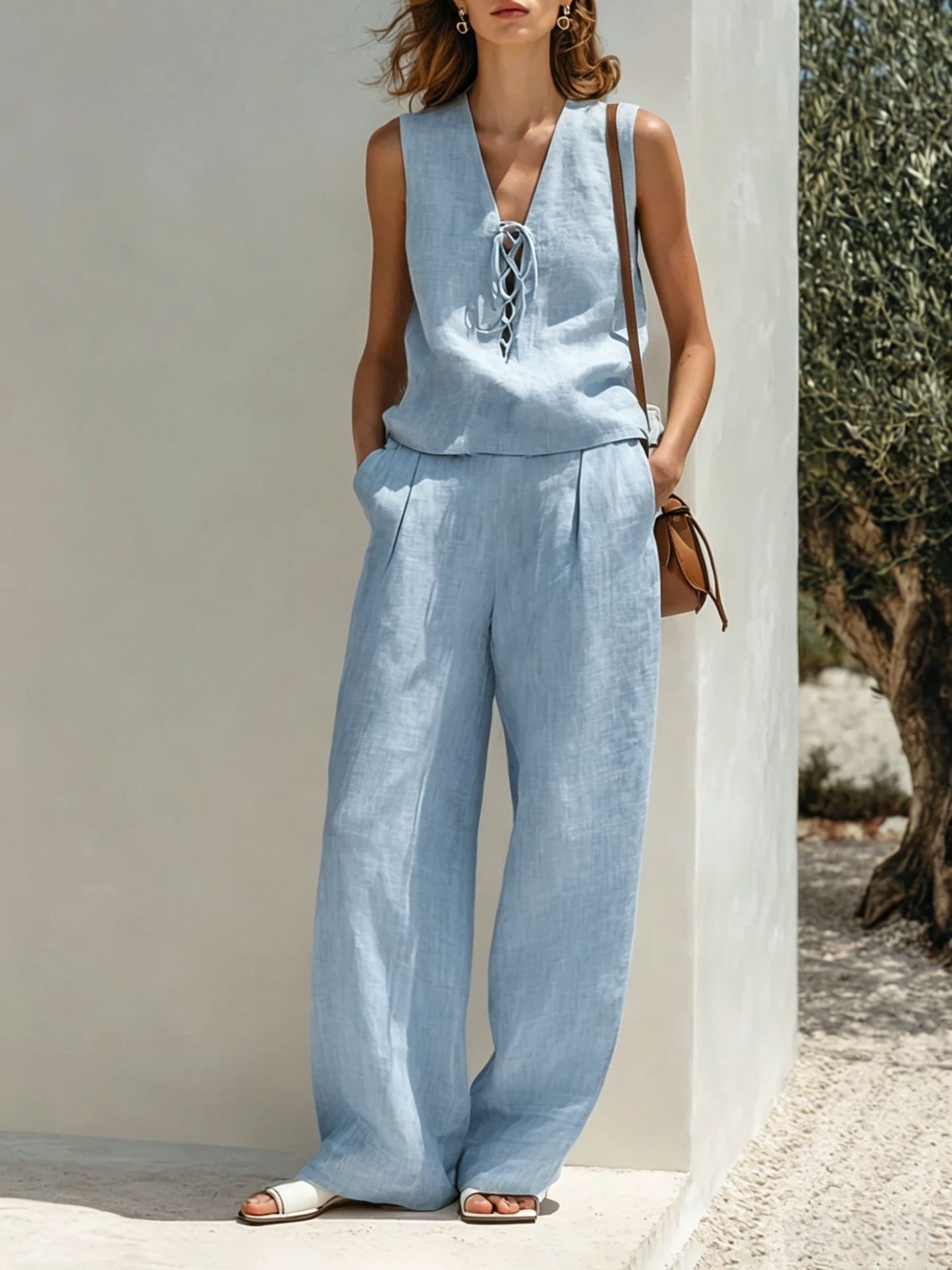 Linen Lace-Up Sleeveless Top & Wide-Leg Pants Set