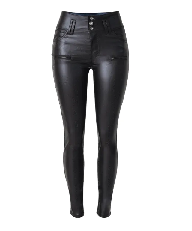 High Waist 3 button Slim fit Leather Skinny Pants Black - Shop at LoveMi