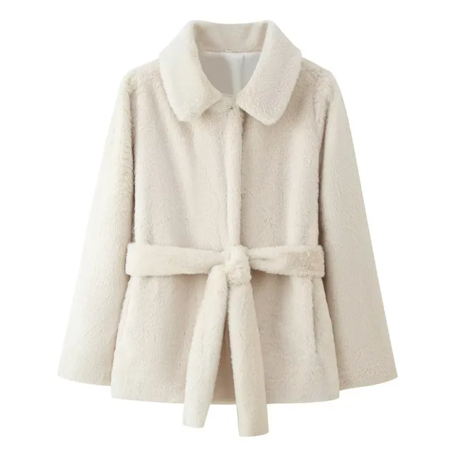 Lapel Women's Casual Slim fit Solid Color Belt effect Faux Fur Coat - Shop at LoveMi