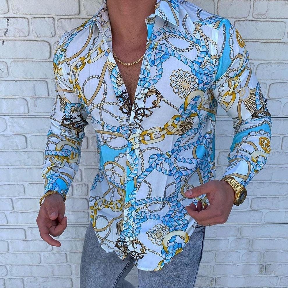 Spring And Autumn Lapel Single Breasted Printed Shirt Casual Slim-fitting Type Long Sleeve Shirt Street Wear Shirt