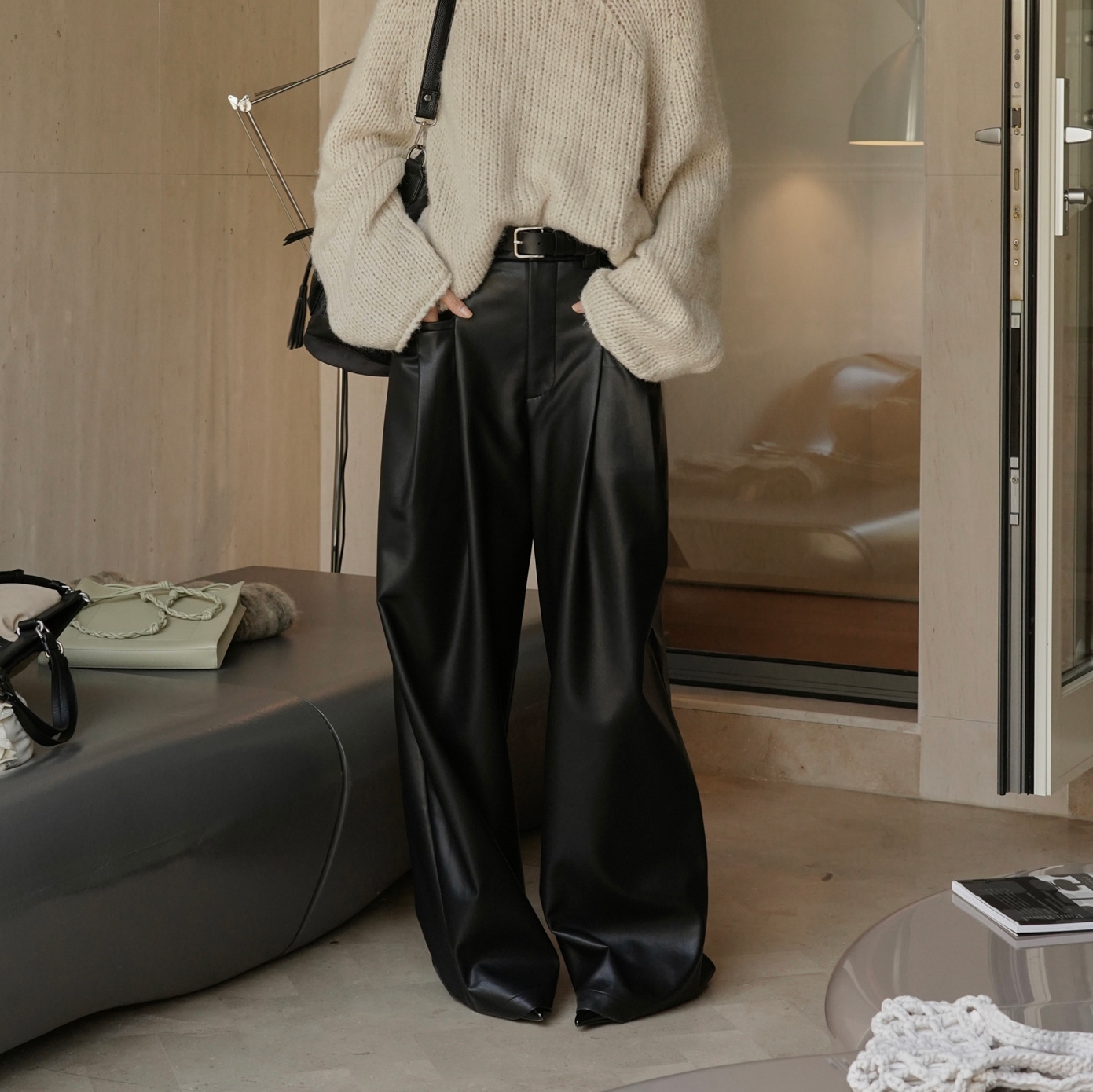 Women's High Waist PU Slim-fit Wide-leg Pants