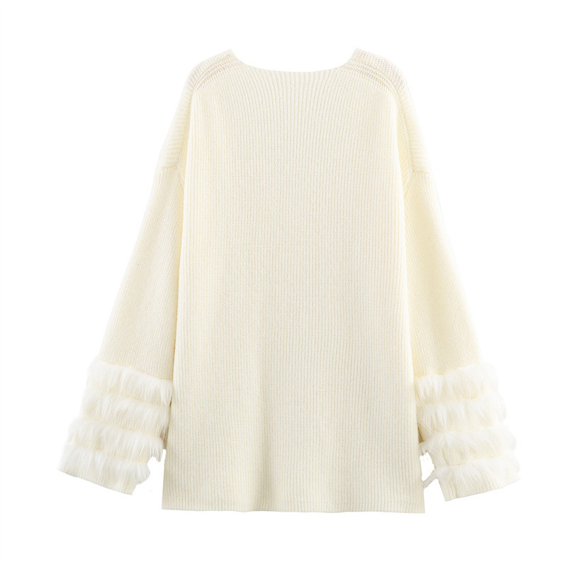 Casual V-neck Cuff Furry Knitted Dress