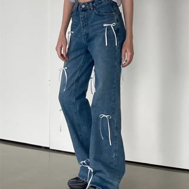 Women's Retro Loose Straight Mopping Pants Denim Blue - Shop at LoveMi