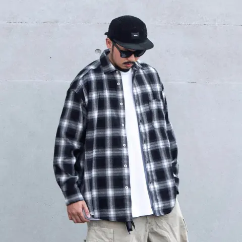 Japanese Style Plaid Long Sleeve Shirt Men Loose-fitting Workwear
