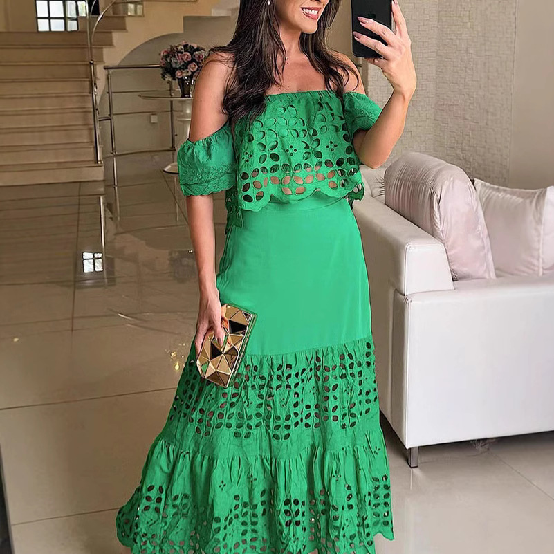 Womens Fashionable Elegant Lace Hollow-Out Off-Shoulder Dress