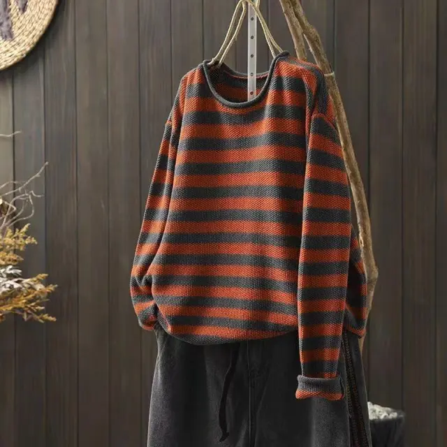 Artistic Plus Size Contrast Color Striped Knitted Sweater Gray - Shop at LoveMi