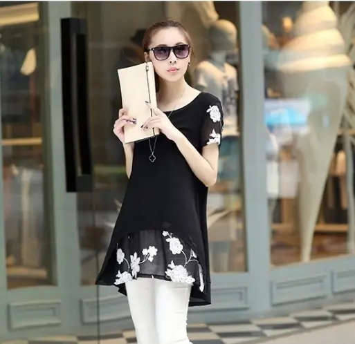 Summer Clothing New Short Sleeve Women's Embroidered Chiffon Shirt