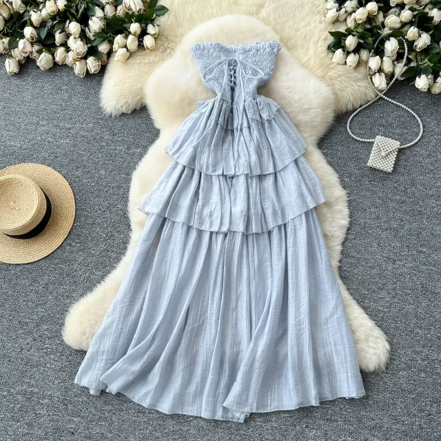 Design Sense Lace up Waist controlled Sleeveless Tube Top Ruffled Long Skirt Blue - Shop at LoveMi