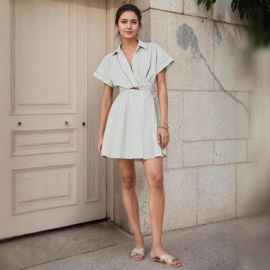 Striped Lace-Up Lapel Casual Short-Sleeve Dress