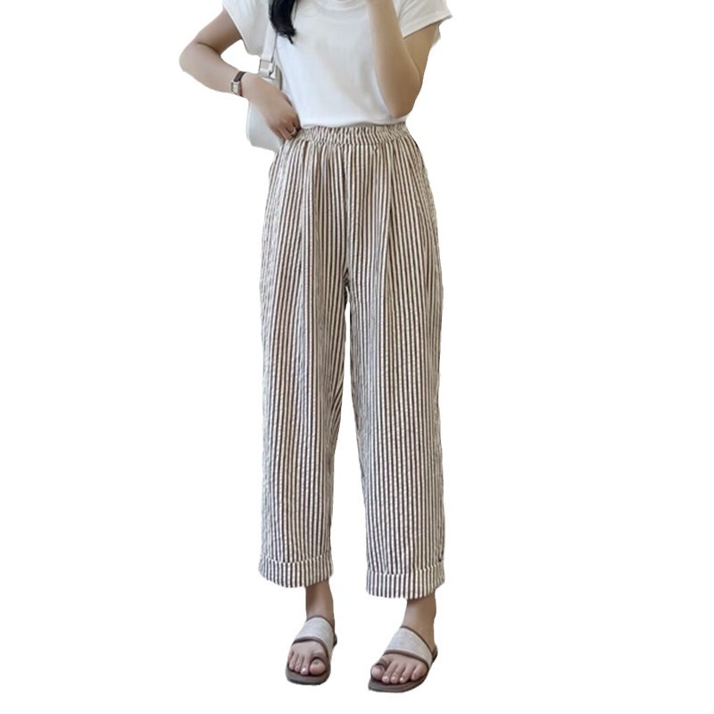 Elastic Waist Loose Vertical Stripes Casual Straight Pants