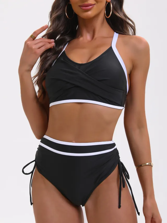 Color Matching Lace up Drawstring High Waist Split Bikini Swimsuit For Women Jy906Bk Xl - Shop at LoveMi