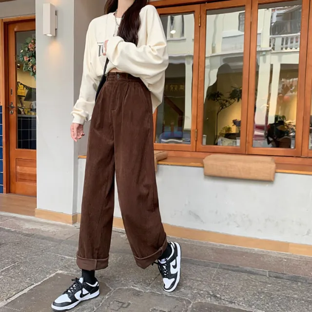 High Waist Slimming Corduroy Wide leg Casual Pants Women Brown - Shop at LoveMi