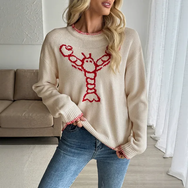European And American Contrast Color Animal Pattern Crew Neck Pullover Sweater Female Apricot - Shop at LoveMi
