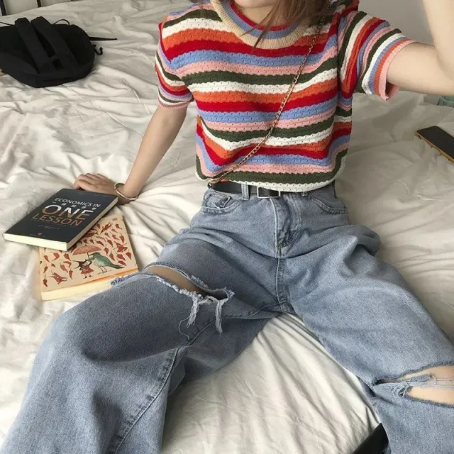 Loose Slimming High Waist Student Straight Knee Ripped Jeans Women Light Blue - Shop at LoveMi
