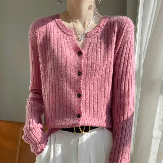 Round Neck Slim fit Short Striped Solid Color Knitted Cardigan Jacket Light Pink - Shop at LoveMi