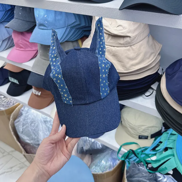 American Retro Denim Patch Ear Baseball Cap Waste Soil Style Dark Blue - Shop at LoveMi