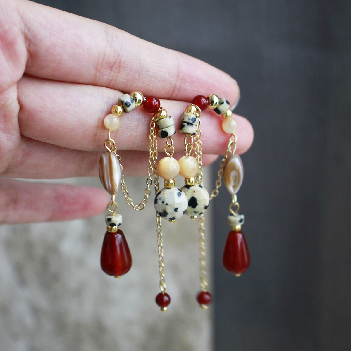 Retro Style Natural Stone Agate Tassel Creative Earrings