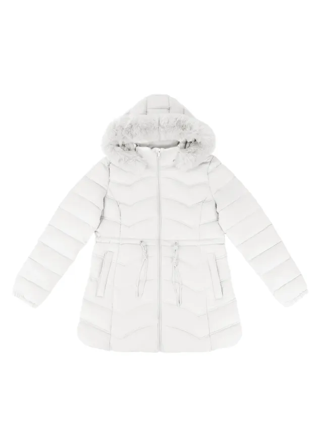 Women's Coat With Detachable Fur trimmed Hood And A Cinched Waist For A Slimming Fit White - Shop at LoveMi
