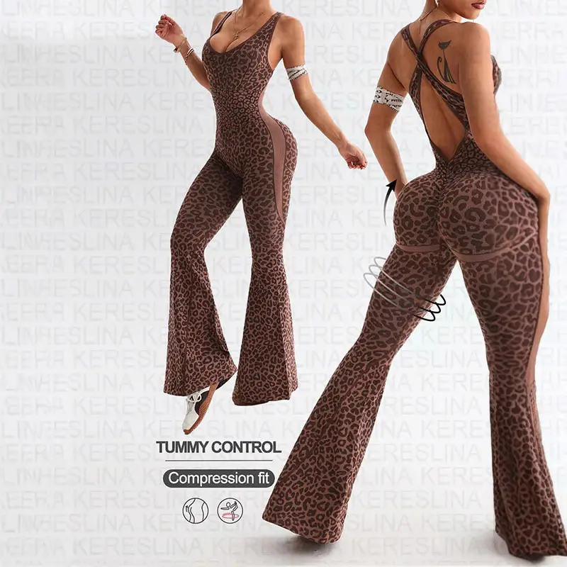 Leopard Print Printed V-neck Backless Slim Fit Halter Jumpsuit