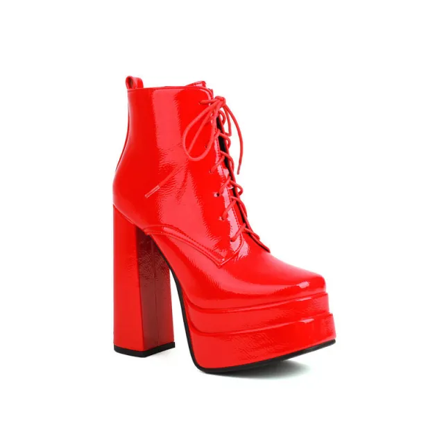 Chunky heeled Ultra high Heel Ankle Boots Casual Lace up British style Dr Martens With A Thick Sole And Waterproof Design Red - Shop at LoveMi