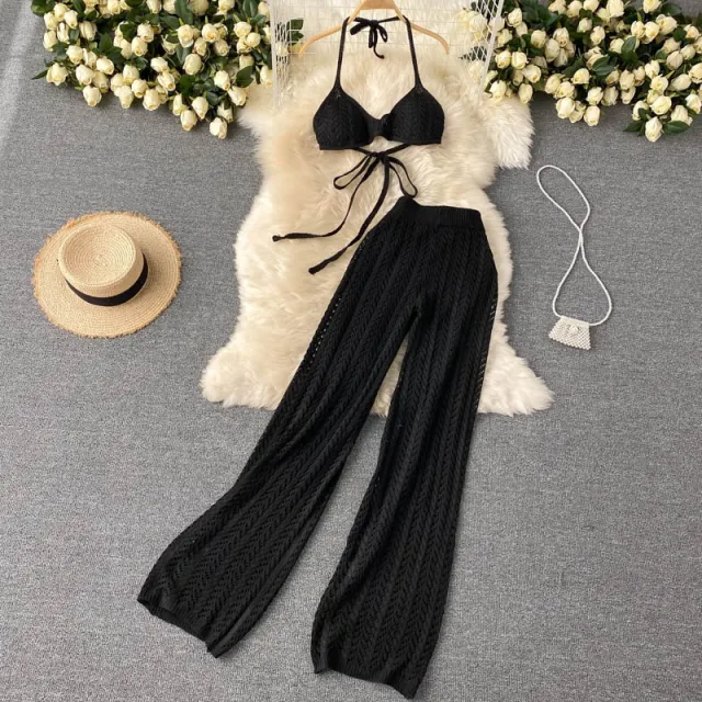 Two Piece Lace Up Top Hollowed Out Knit Wide Leg Pants Set Black - Shop at LoveMi