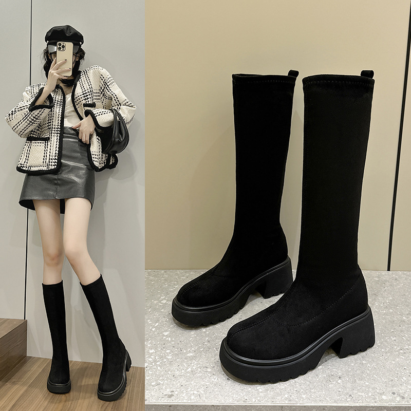 Platform Sheepskin-lined Knee-high Boots Figure-flattering And Not Quite Knee-length