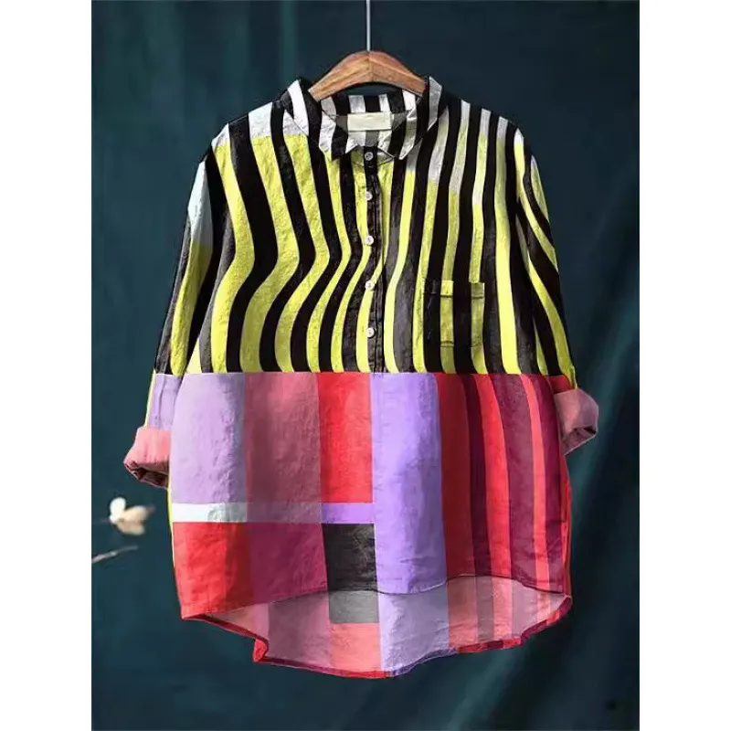 Lapel Long Sleeve Shirt Retro Line Polka Dot Top - 5 Models D759-5Xl