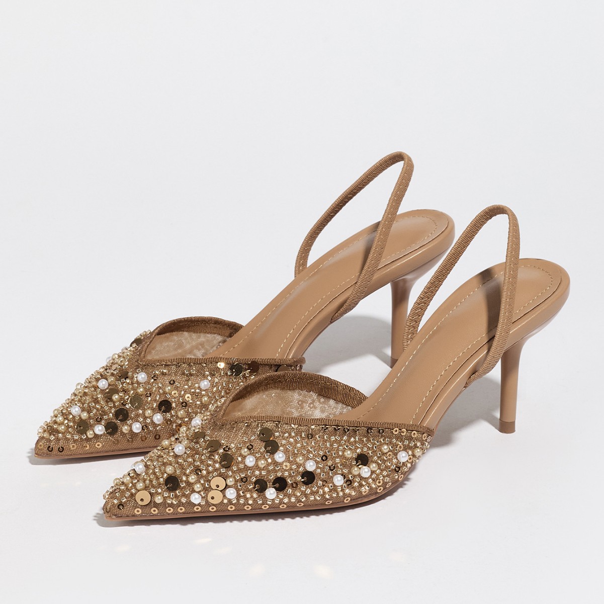 Womens Pointed-toe Mesh Sling-back Fashionable Stiletto Heels