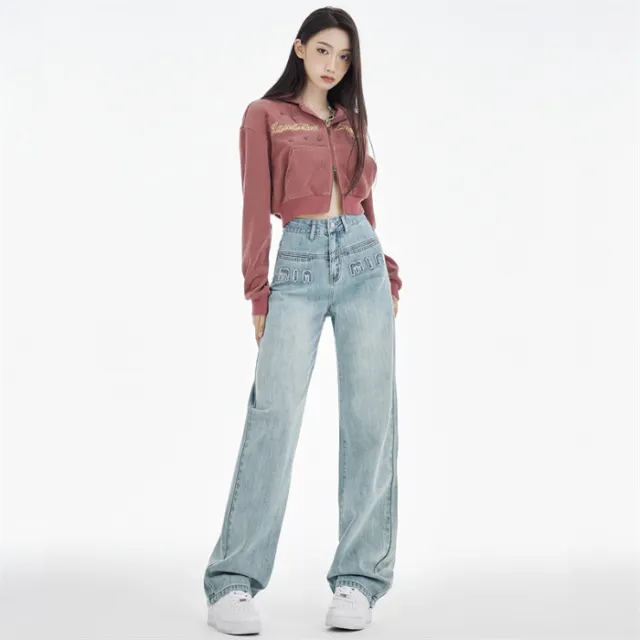 Women's Straight Jeans Dark Blue Embroidered Letters Washed Blue Nine Points - Shop at LoveMi