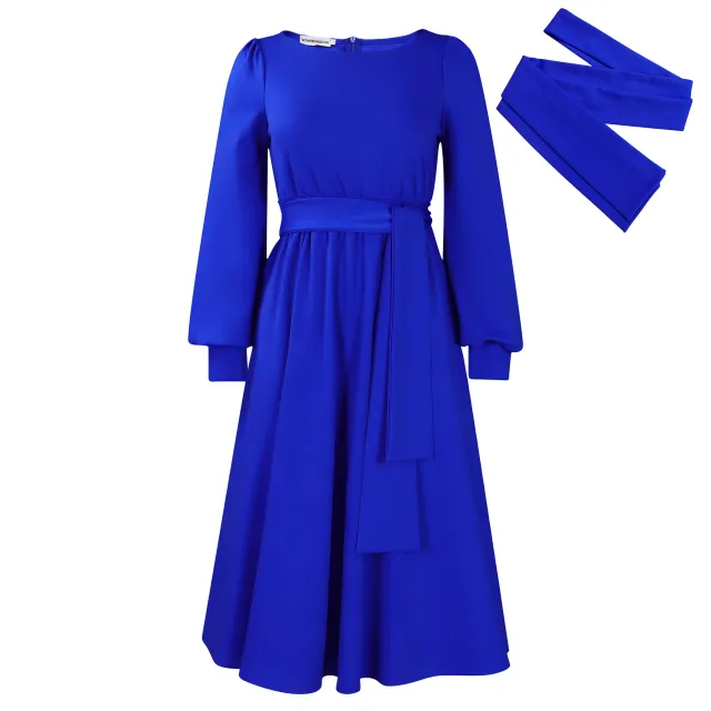 Long Sleeve Round Neck Lace up Solid Color Dress Sapphire Blue - Shop at LoveMi