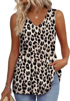 Women's Elegant Sleeveless V-neck Elegant Ruffle Top - Leopard Print - View 1