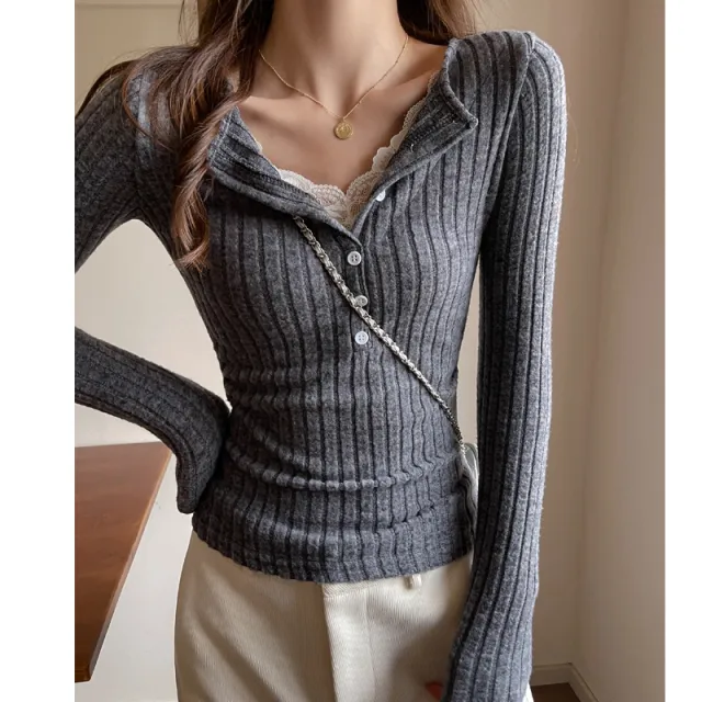 Fashion Lace Spliced Long Sleeve T shirt Women Smoky Gray - Shop at LoveMi