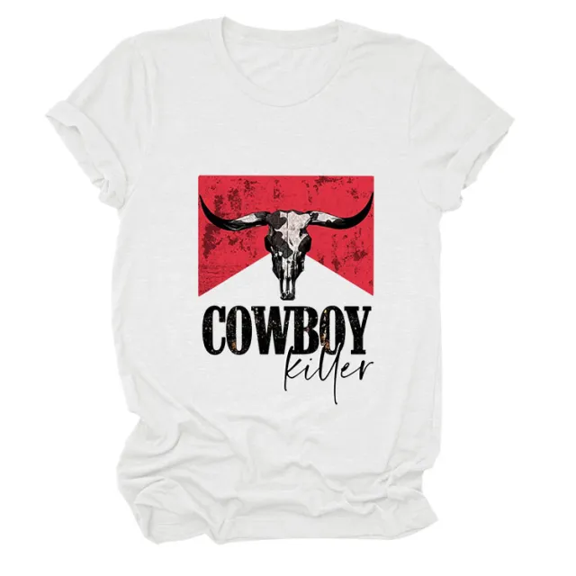 COWBOY KILLER Cow Head Letter Print Short sleeve Loose Women's T shirt White Color Picture - Shop at LoveMi
