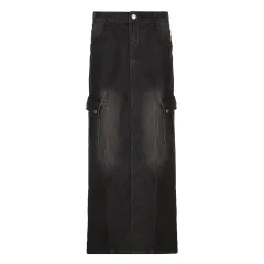 Women Gradually Change Colour And Split Open Denim Skirt - Dark Grey - View 1