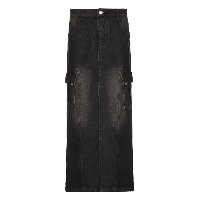Women Gradually Change Color And Split Open Denim Skirt Dark Gray - Shop at LoveMi