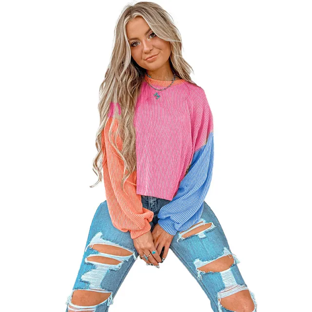 Casual Loose Color Contrast Patchwork Round Neck Women's Sweater Lc25128957P622 - Shop at LoveMi