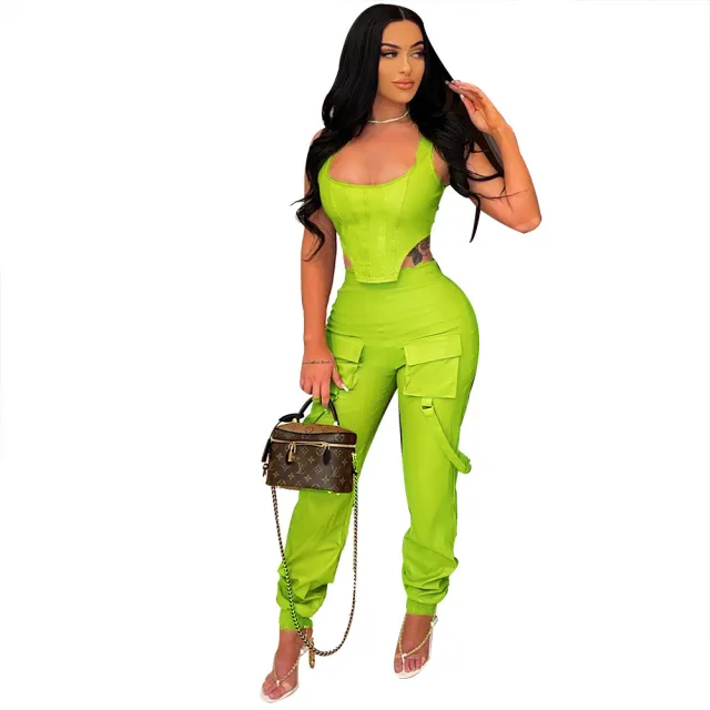 Solid Color Sleeveless Top Blouse And Pants Green - Shop at LoveMi
