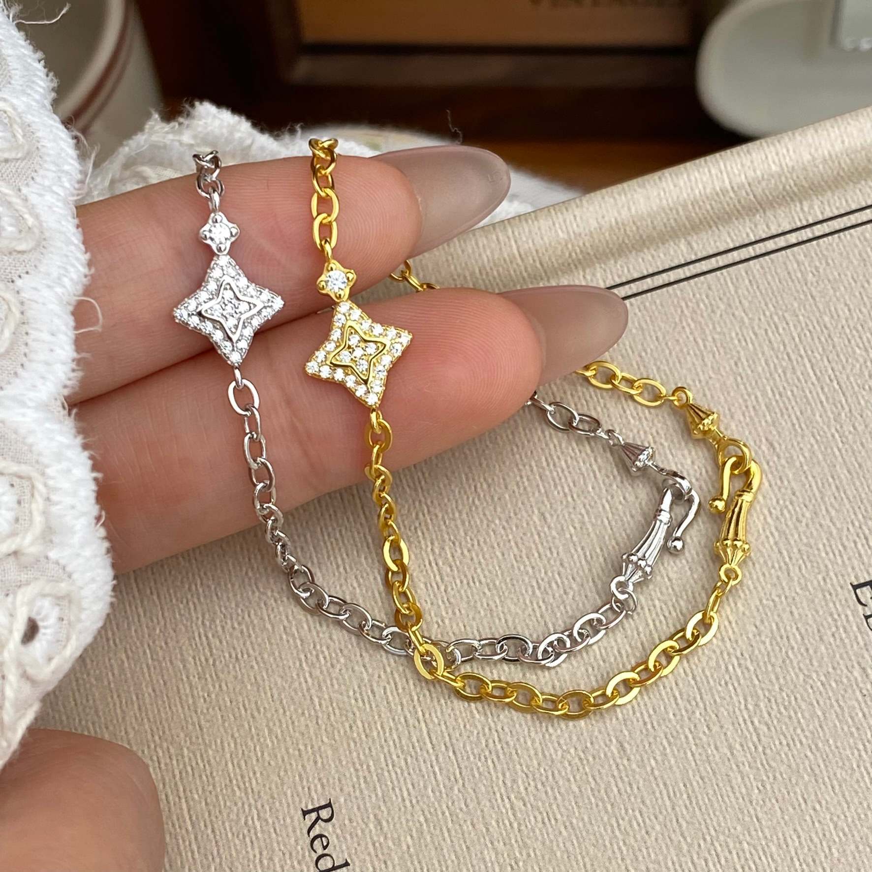 S925 Sterling Silver Vintage-style Four-pointed Star Bracelet