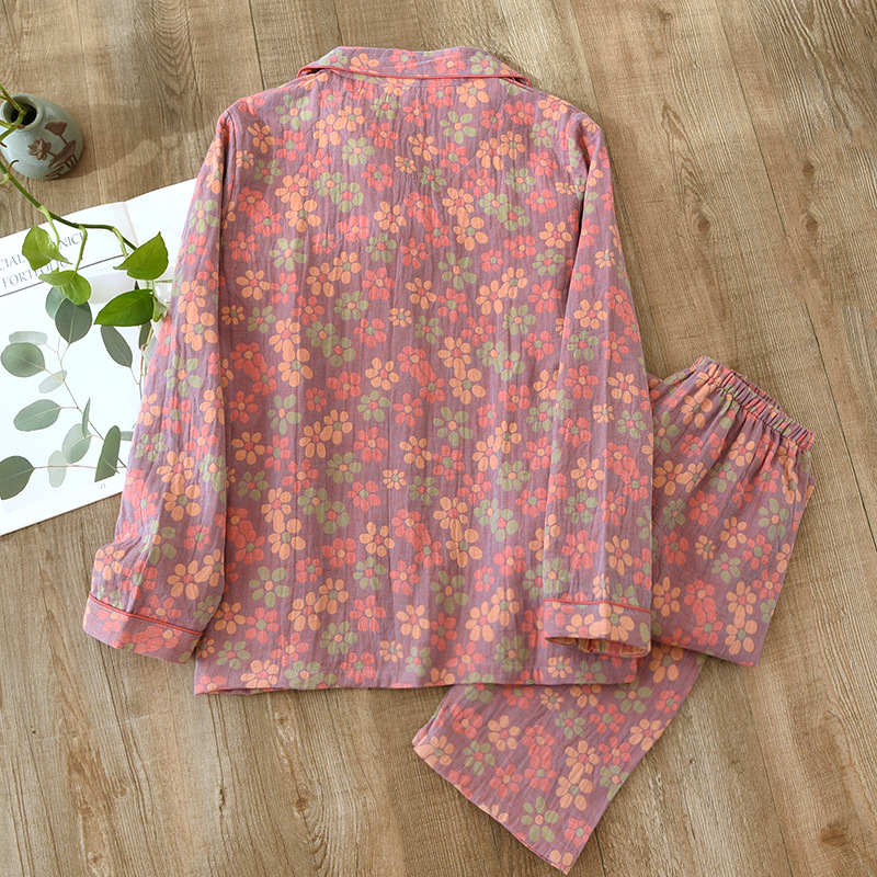 Ethnic Style Floral Spring And Autumn Women's Pajamas Long Sleeve Cotton Double-layer Gauze Homewear Suit