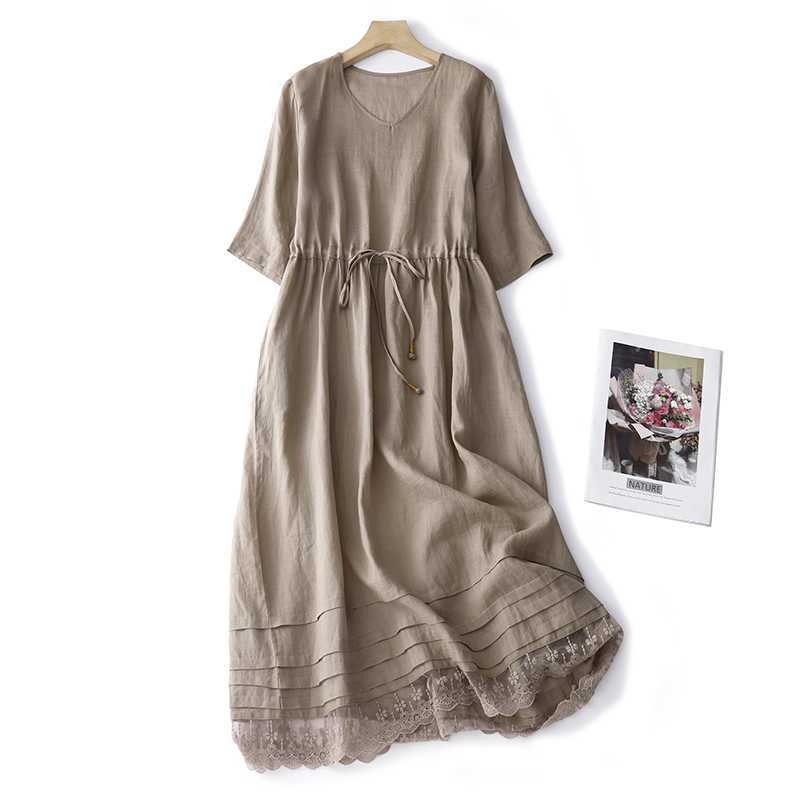 Female Ramie Mori Style Retro Crew Neck Dress