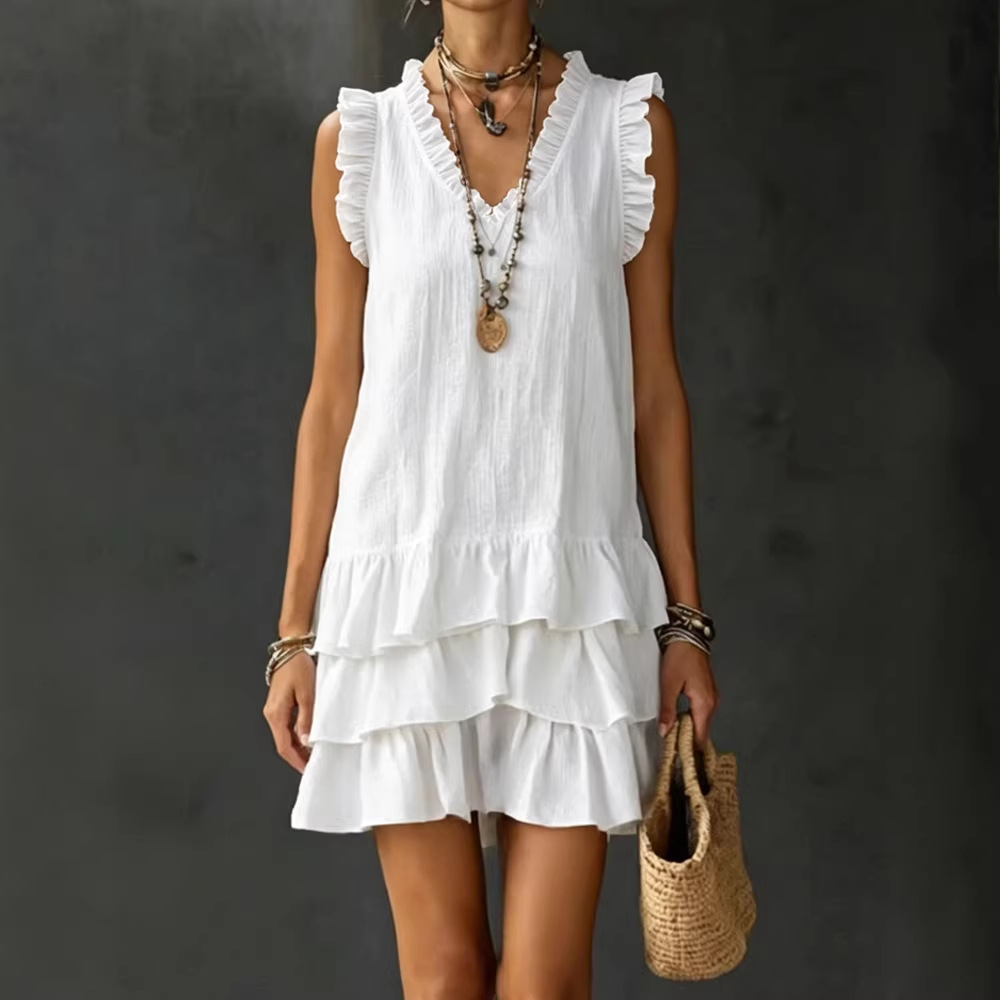 Women's Casual V-Neck Ruffle-Trim Sleeveless Dress