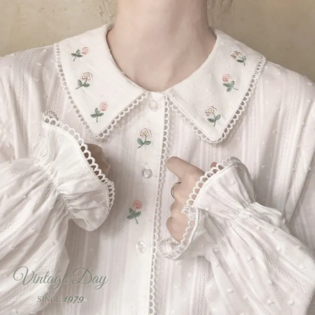 Autumn Winter Retro Girl Embroidery Loose Mori Doll Collar Shirt White - Shop at LoveMi