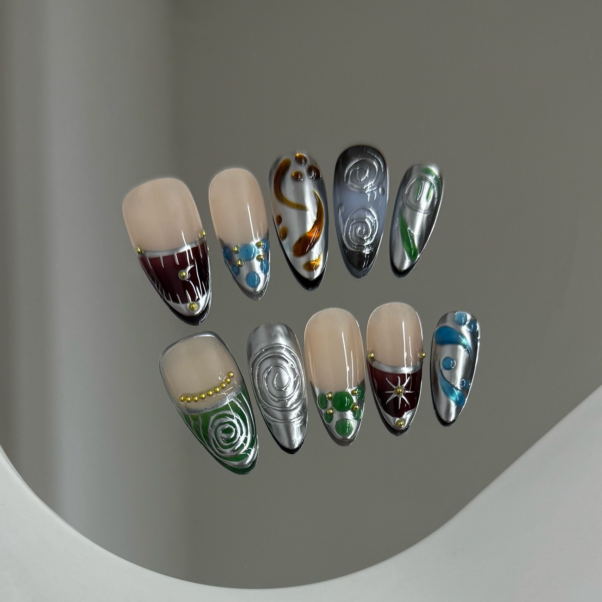 Handmade Wearable Nails Dark Mysterious Blue-green Pattern Punk Style